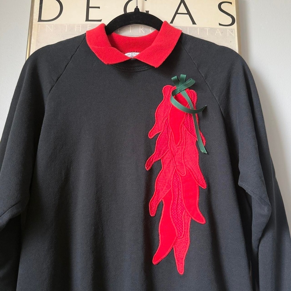 Vintage 90s Jerzees Chili Pepper Embroidered Collared Sweatshirt Black Mens Med